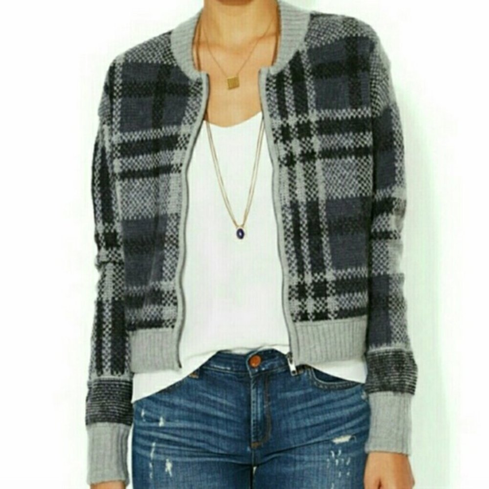 Free People Alpaca Plaid Zip Sweater Jacket